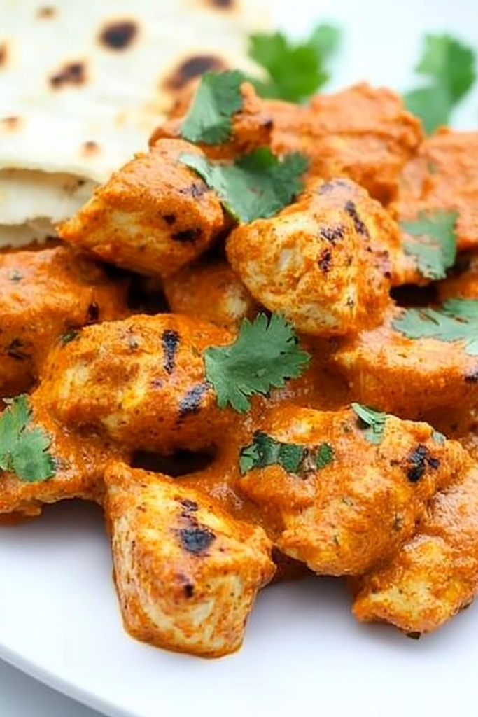 Finished dish showing vibrant orange curry and charred naan served together.