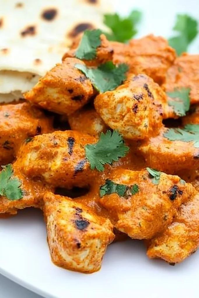 Finished dish showing vibrant orange curry and charred naan served together.