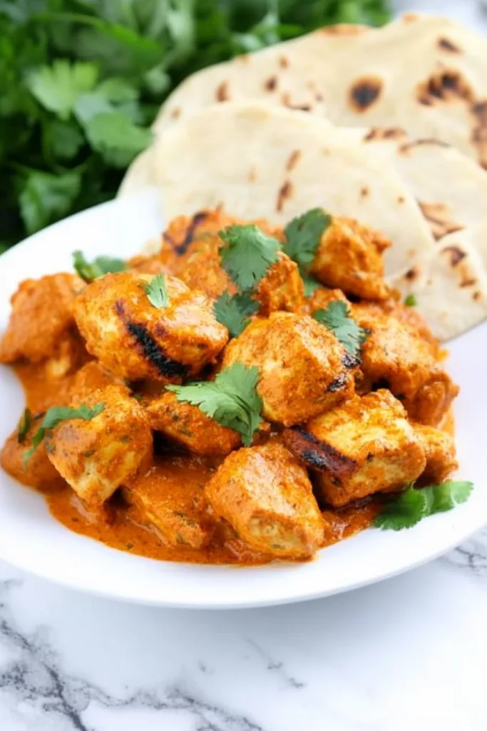 Plate of tender chicken pieces coated in a creamy orange sauce, topped with fresh cilantro.