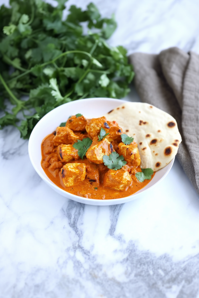 Bowl of saucy chicken curry highlighting its creamy texture and bold color.