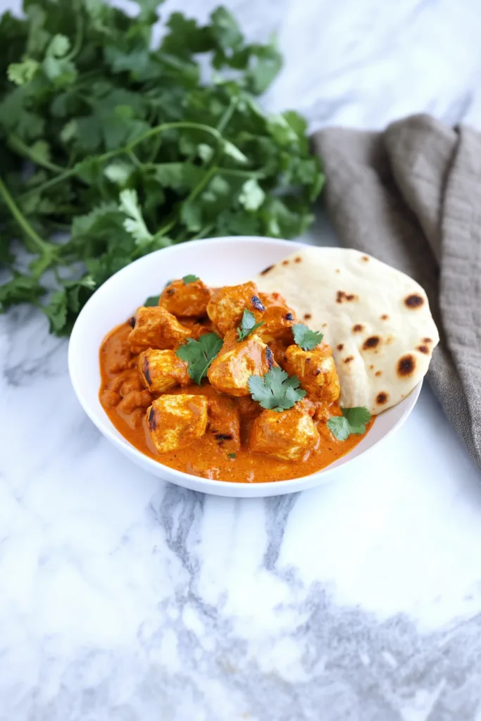 Bowl of saucy chicken curry highlighting its creamy texture and bold color.