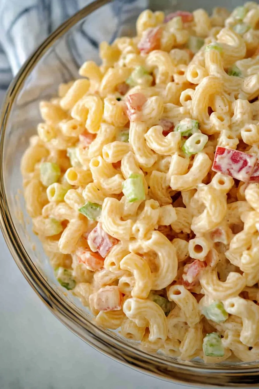 A serving of macaroni salad with crisp bell peppers and a smooth mayonnaise-based dressing.