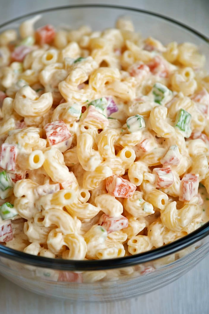 Overhead view of the finished mac salad, showing pasta and vegetables evenly coated in dressing.