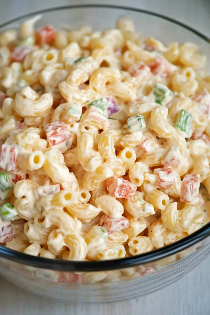 Overhead view of the finished mac salad, showing pasta and vegetables evenly coated in dressing.