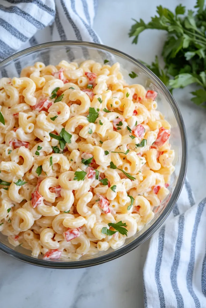Final shot of Guy Fieri’s mac salad recipe, highlighting its creamy texture and vibrant colors.