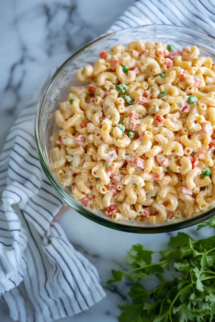 Creamy macaroni salad in a glass bowl with colorful diced peppers and onions.