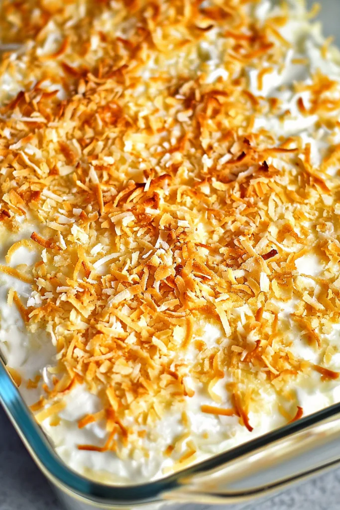 Overhead view of a frosted cake sprinkled generously with crisp coconut topping.