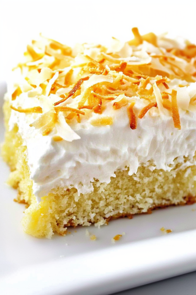 Close-up of a fluffy cake layer with smooth white icing and golden coconut shreds.