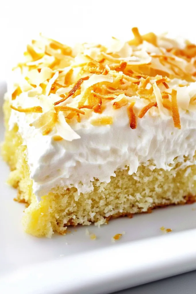 Close-up of a fluffy cake layer with smooth white icing and golden coconut shreds.