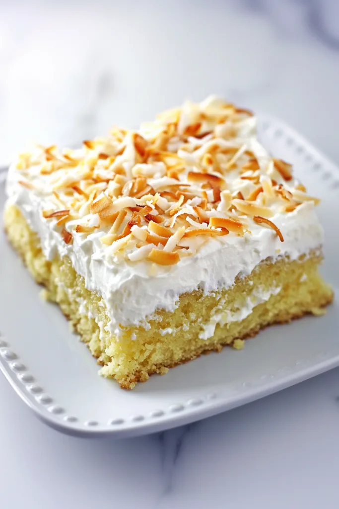A slice of moist yellow cake topped with creamy frosting and toasted coconut flakes.