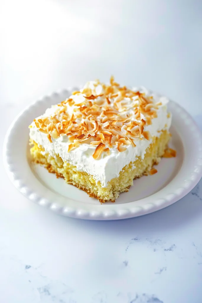 Cake slice on a plate showing soft texture, creamy layers, and coconut garnish.