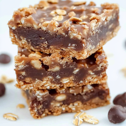 Stacked dessert bars showing oats and melted chocolate chunks