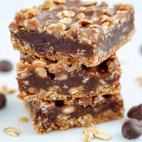 Stacked dessert bars showing oats and melted chocolate chunks