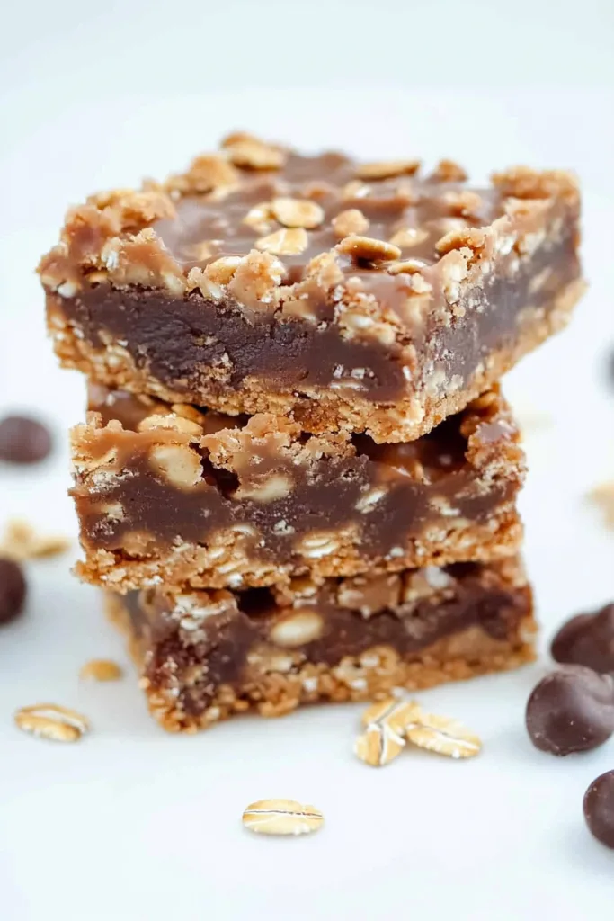 Stacked dessert bars showing oats and melted chocolate chunks