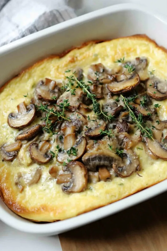 Close-up of creamy mashed potato base with golden mushrooms layered on top.