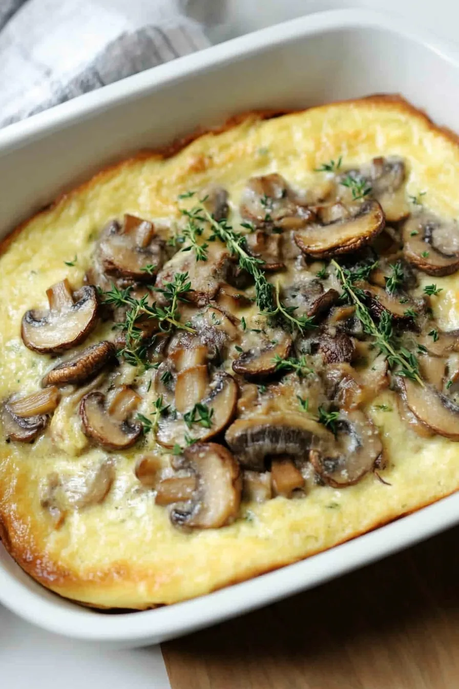 Close-up of creamy mashed potato base with golden mushrooms layered on top.
