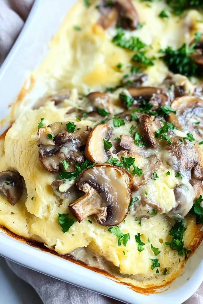 Overhead view of the finished dish showing fluffy bread, mushrooms, and parsley garnish.