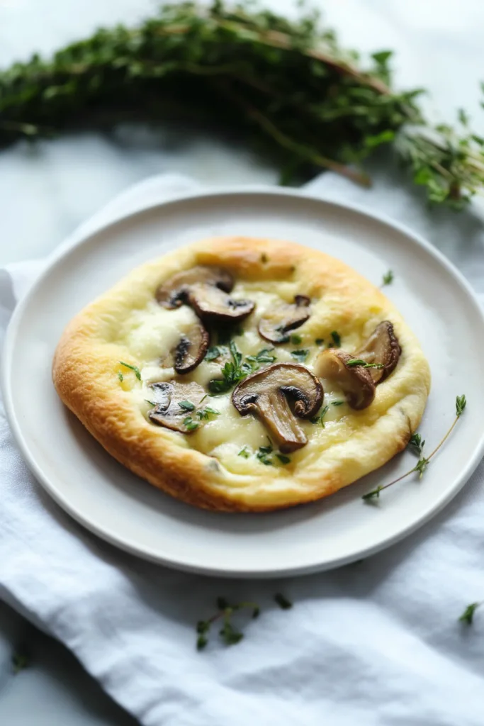 Baked spoon bread topped with sautรฉed mushrooms and fresh parsley.