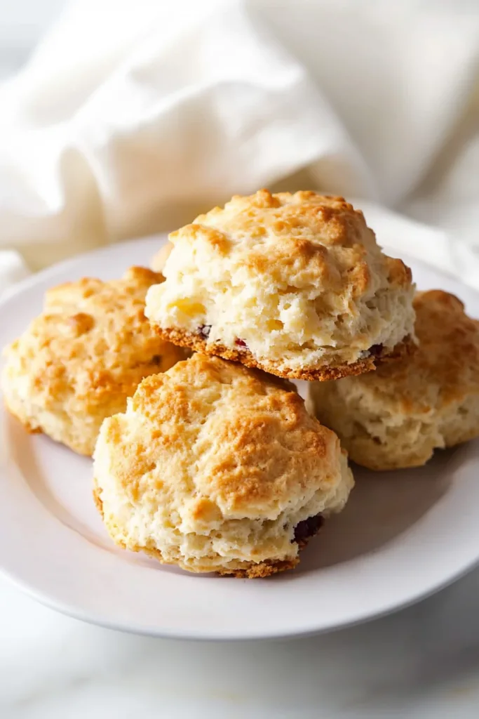 Homemade buttermilk scones arranged neatly on a plate with a rustic background