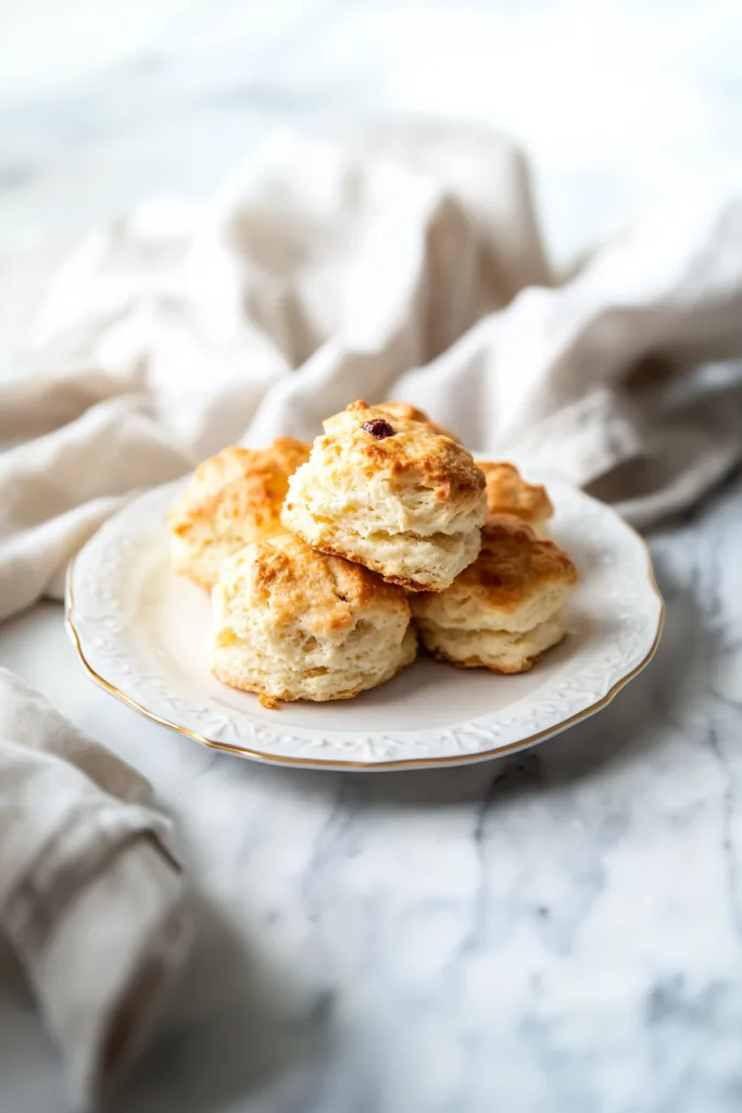Golden-brown scones stacked on a white plate, showing their crumbly texture