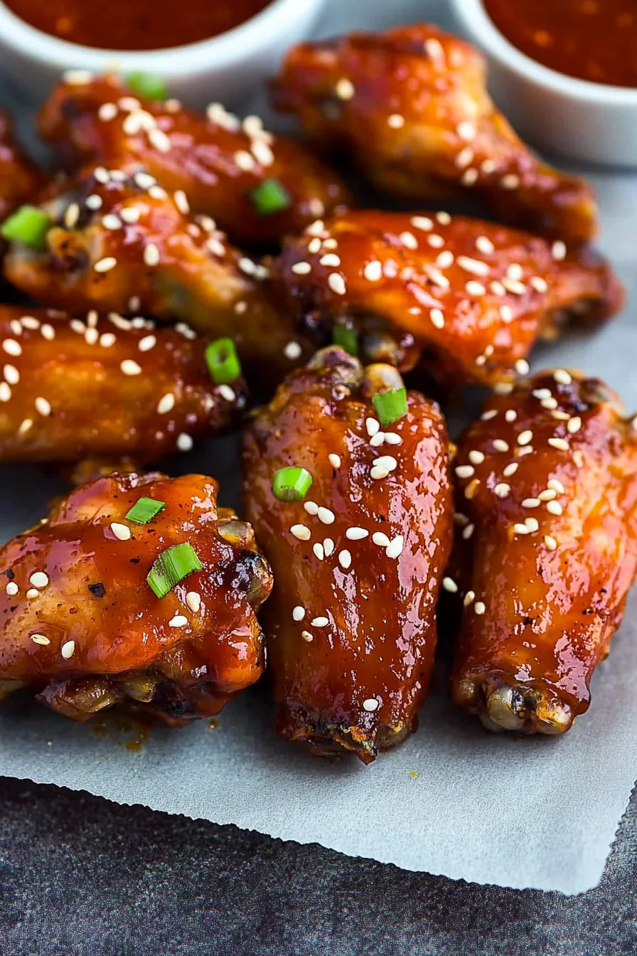 Crispy chicken wings arranged on parchment paper with dipping sauce bowls in the background