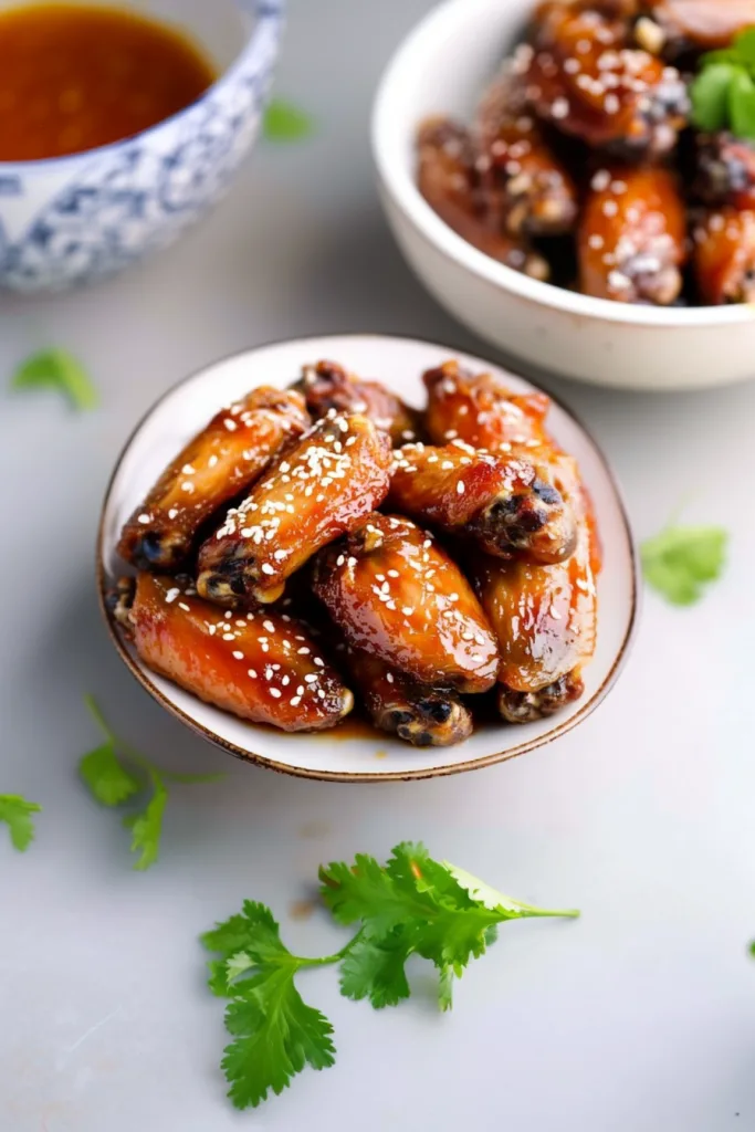 Golden wings covered in spicy-sweet glaze served with fresh green onion garnish