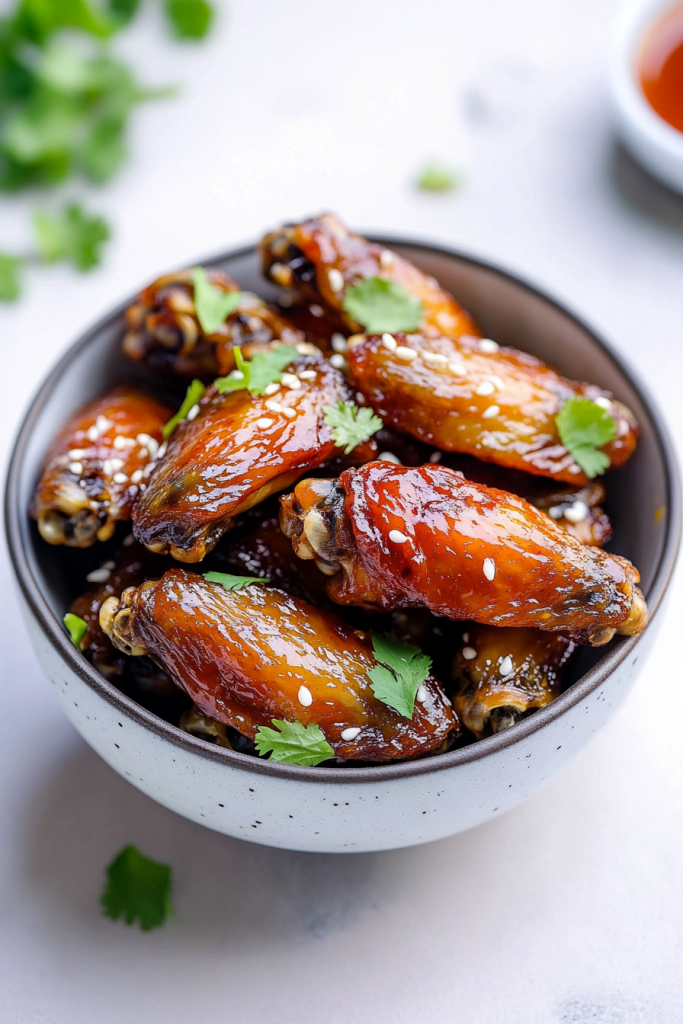 Glazed chicken wings coated in a shiny red sauce with sesame seeds and green onion garnish