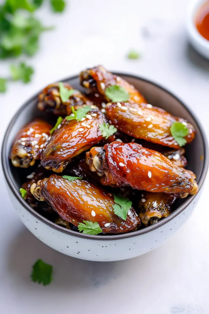 Glazed chicken wings coated in a shiny red sauce with sesame seeds and green onion garnish