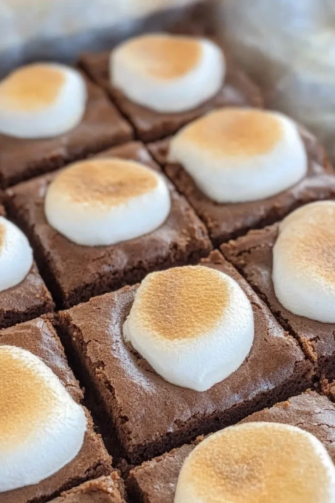 Overhead view of brownies decorated with marshmallows and light powder.