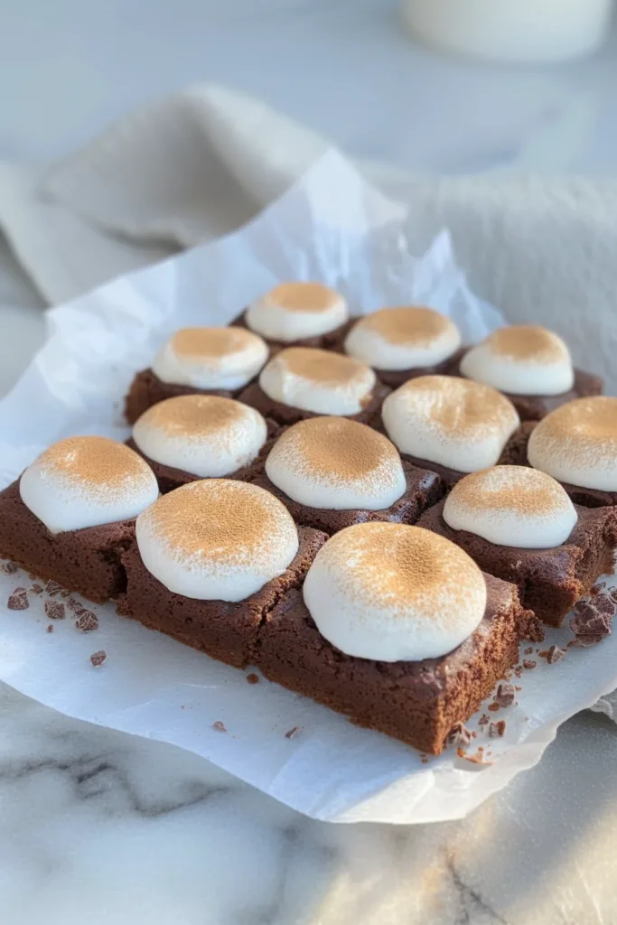 Brownie pieces arranged neatly on parchment with fluffy toppings.