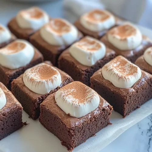 Square brownies topped with toasted marshmallows and cocoa dusting.