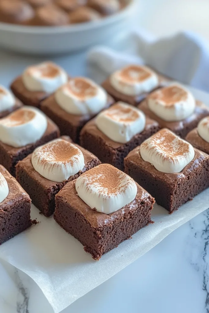 Square brownies topped with toasted marshmallows and cocoa dusting.