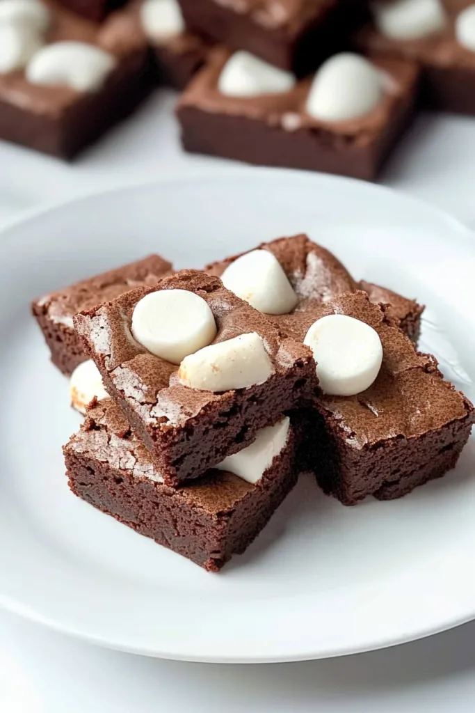 Rich chocolate dessert highlighting glossy surface and marshmallow layer.