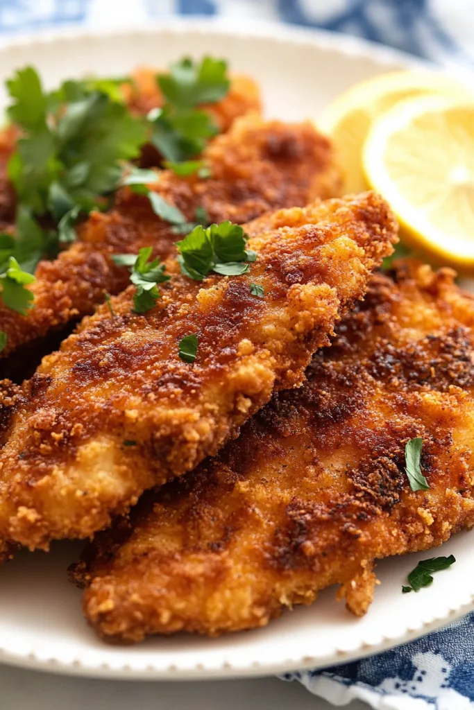Plated chicken cutlets with a light garnish and citrus wedges on the side.
