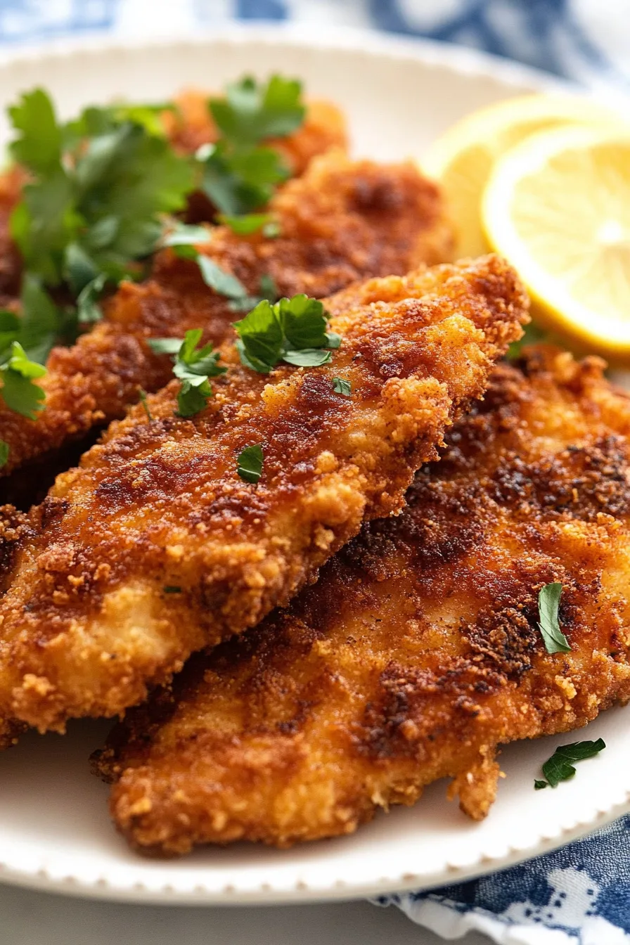 Plated chicken cutlets with a light garnish and citrus wedges on the side.