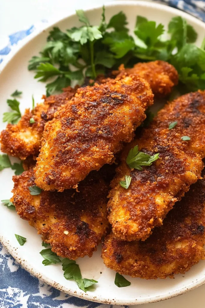 Golden-brown breaded chicken cutlets served with lemon slices and parsley garnish.