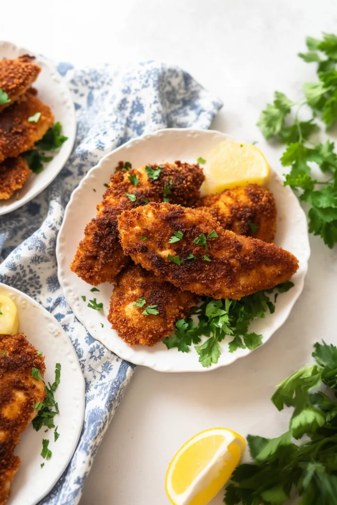 Crispy fried chicken fillets arranged neatly on a plate with fresh herbs.