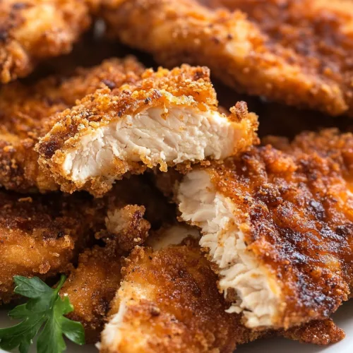 Close-up of crunchy coated chicken highlighting texture and color.