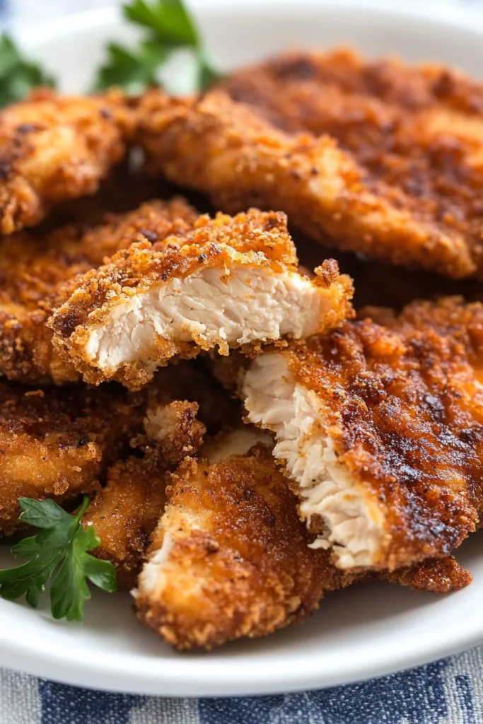 Close-up of crunchy coated chicken highlighting texture and color.