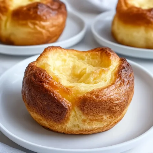 Plate of warm, golden popovers with soft interiors and crisp crusts.