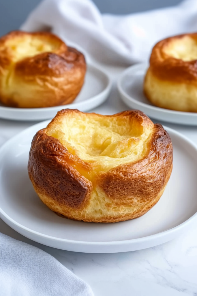 Plate of warm, golden popovers with soft interiors and crisp crusts.