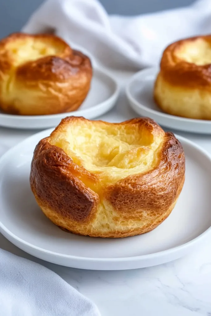 Plate of warm, golden popovers with soft interiors and crisp crusts.
