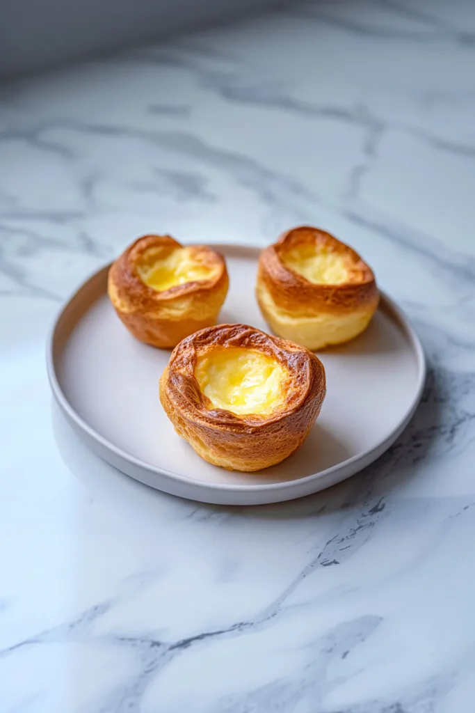 Golden-brown popover with crisp edges and airy center on a white plate.