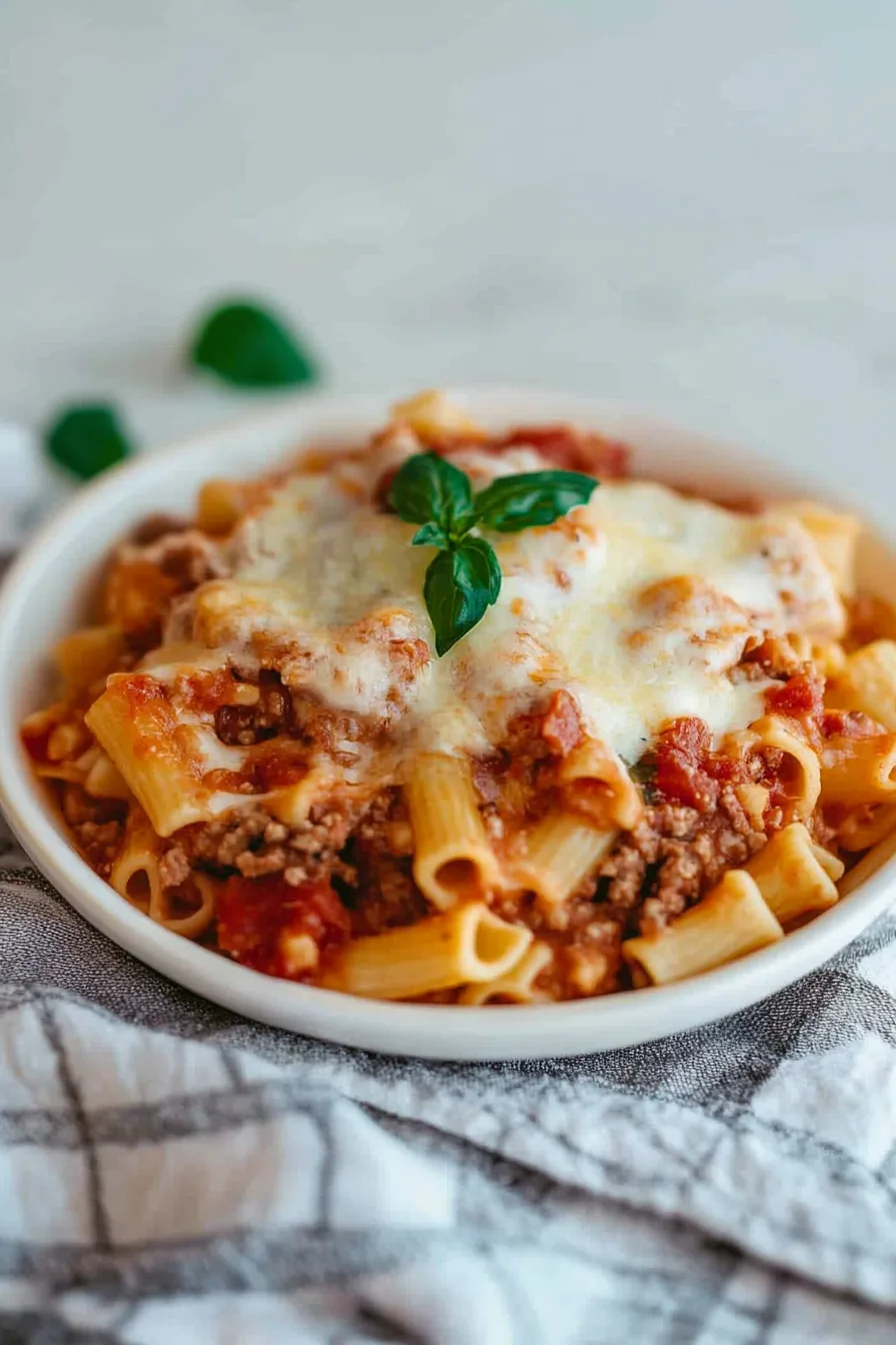 White bowl of hearty baked pasta resting on a checkered cloth.