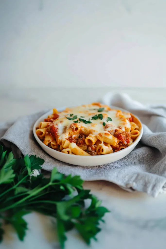 Italian Rigatoni Bake served hot, showcasing gooey cheese and basil topping.