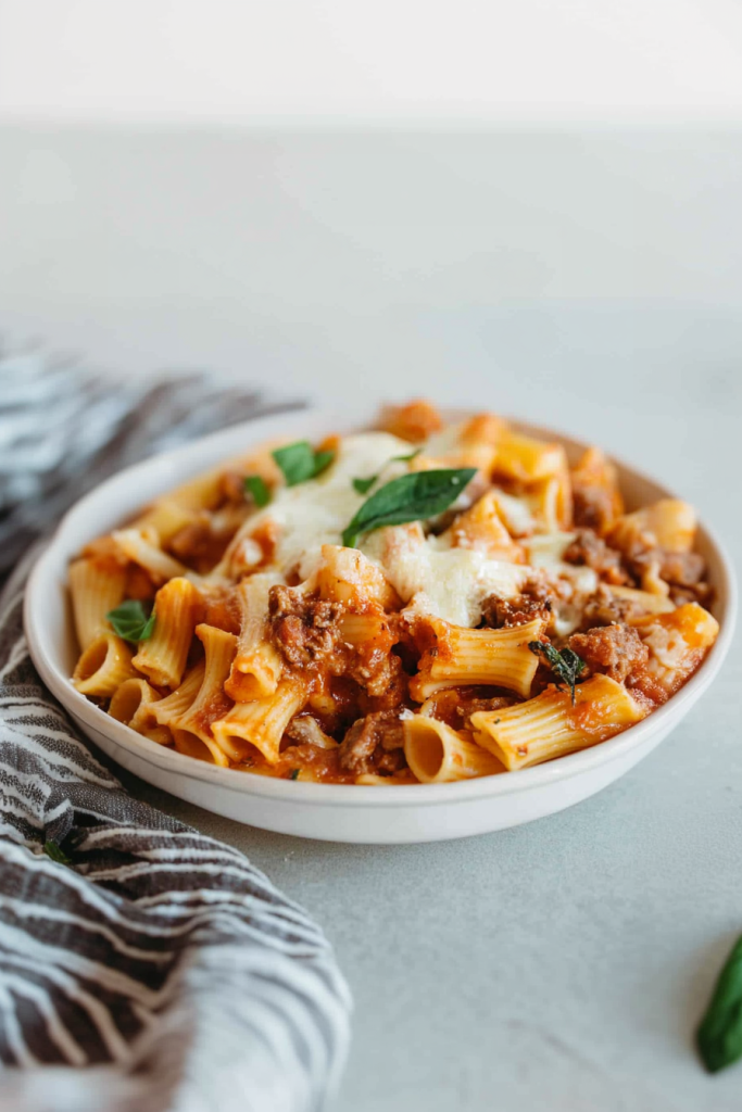 Cheesy rigatoni dish highlighting its vibrant sauce and rustic texture.