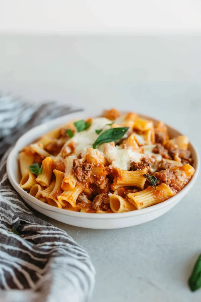 Cheesy rigatoni dish highlighting its vibrant sauce and rustic texture.