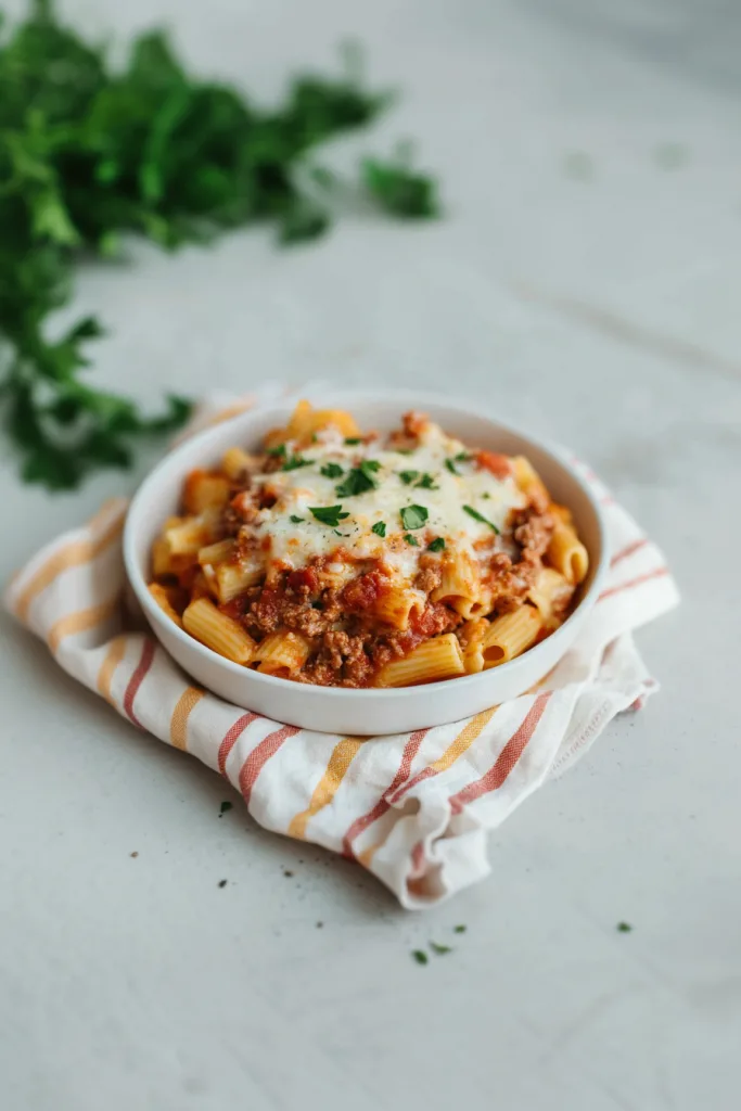 Baked rigatoni topped with melted cheese and fresh basil garnish.