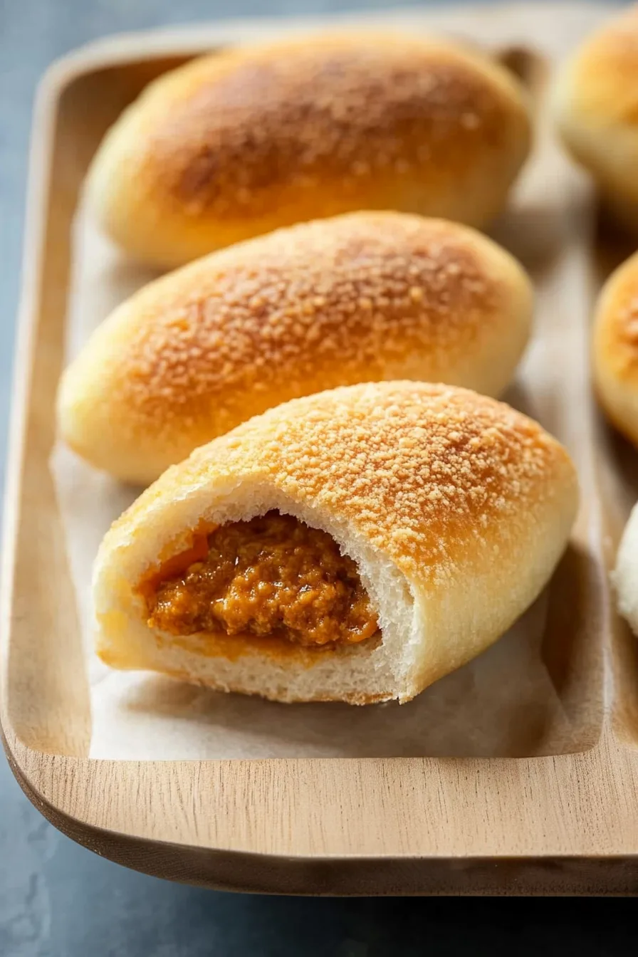 Soft buns with a crisp crust, cut open to reveal a savory filling.