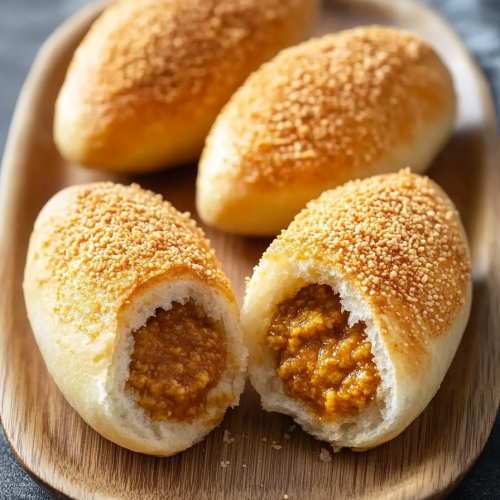 Golden bread rolls topped with crumbs, served on a wooden tray.